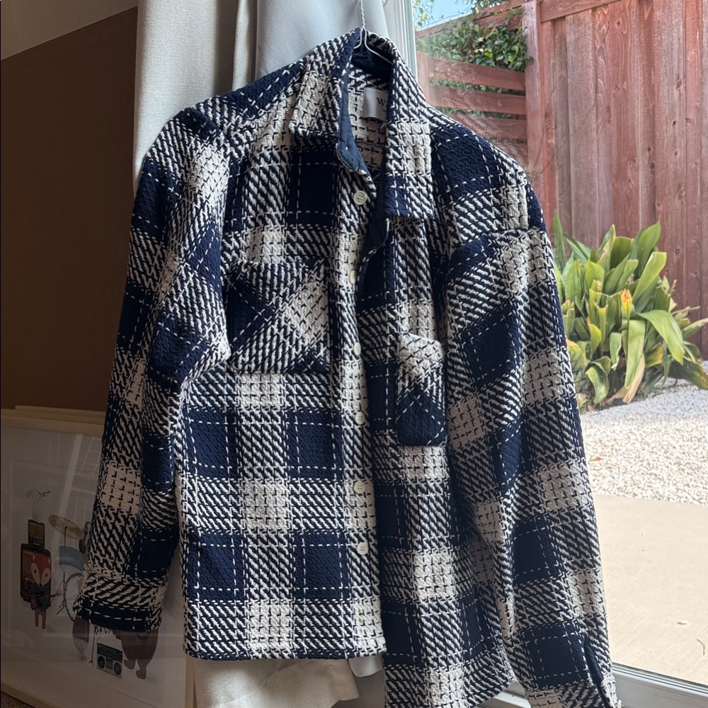 Navy and White Plaid Men's Button Down Overshirt
